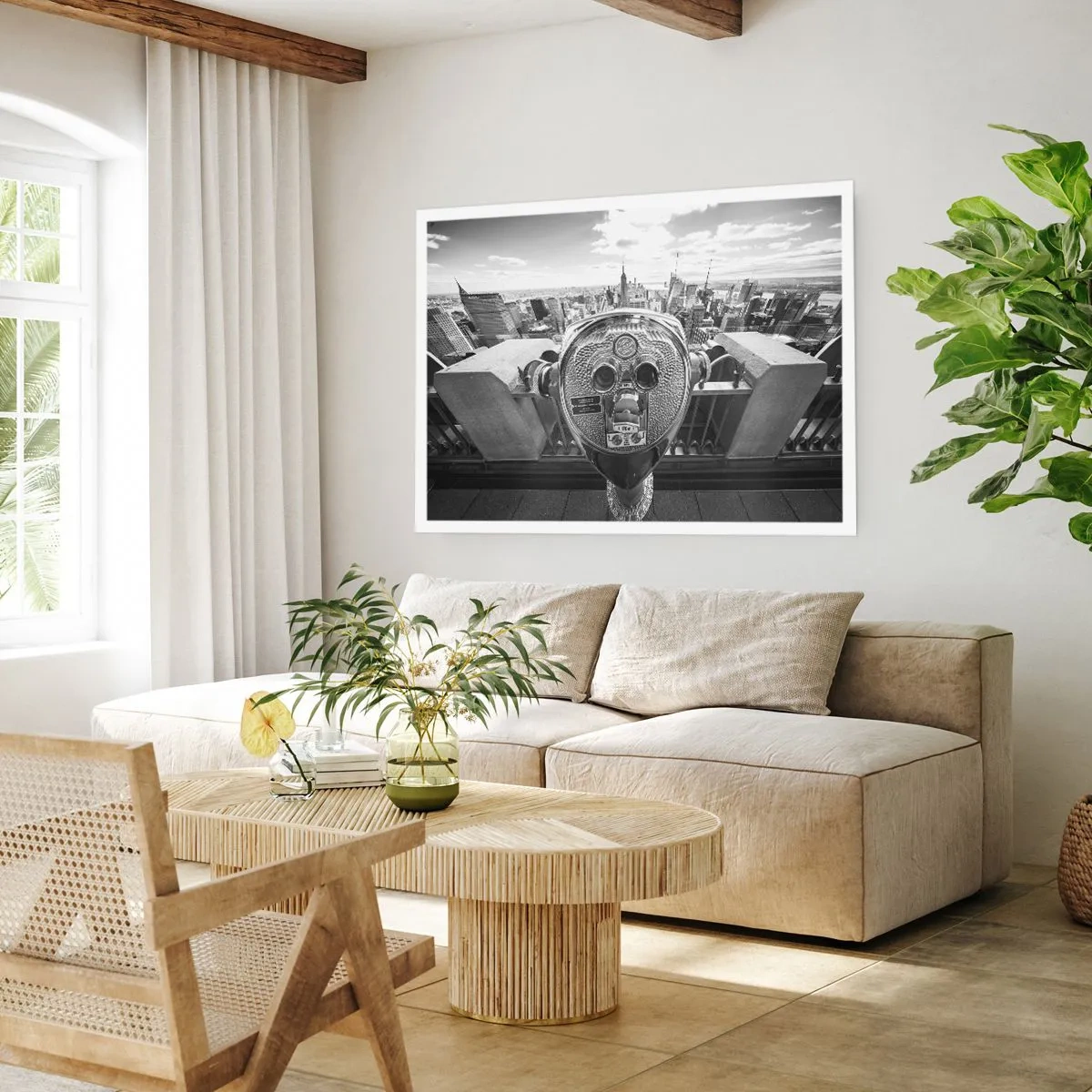 Plakat - Monochromatyczny widok przez lunetę na panoramę miasta - 100x70cm - Miasto nad miastami - Nowoczesna dekoracja ścienna do salonu i sypialni ARTTOR