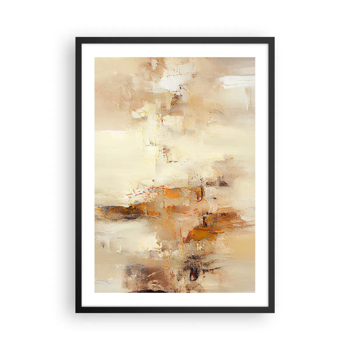Plakat w czarnej ramie - Abstrakcyjna kompozycja w ciepłych odcieniach beżu i złota - 50x70cm - Dusza bursztynu - Nowoczesna dekoracja ścienna do salonu i sypialni ARTTOR