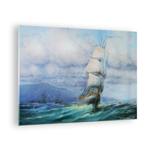 Obraz na szkle - Statek z żaglami płynący po wzburzonym morzu pod pochmurnym niebem - 70x50cm - Pomyślnych wiatrów - Nowoczesna dekoracja ścienna do salonu i sypialni ARTTOR