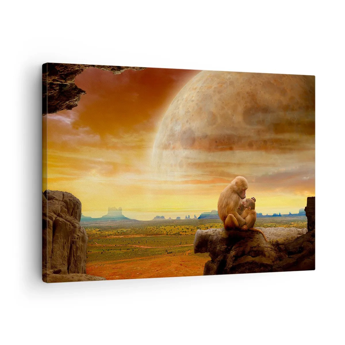 Obraz na płótnie - Małpy siedzące na skale w surrealistycznym krajobrazie z wielką planetą - 70x50cm - Miłość wszędzie ta sama - Nowoczesna dekoracja ścienna do salonu i sypialni ARTTOR