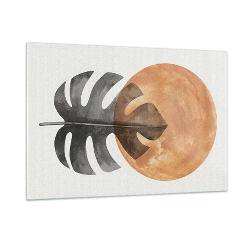 Obraz na szkle - Liść monstery i pomarańczowe koło w stylu graficznym na białym tle - 120x80cm - Zawsze słońce - Nowoczesna dekoracja ścienna do salonu, kuchni i sypialni ARTTOR