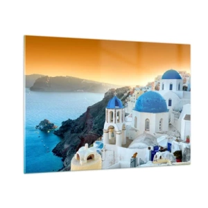 Obraz na szkle - Widok na Santorini z błękitnymi kopułami i klifem - 100x70cm - Santorini - przytulone do skał - Nowoczesna dekoracja ścienna do salonu, kuchni i sypialni ARTTOR