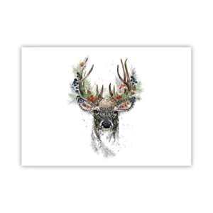 Plakat - Stylizowany jeleń z ozdobnym porożem na białym tle - 100x70cm - W świątecznej szacie - Nowoczesna dekoracja ścienna do salonu i sypialni ARTTOR