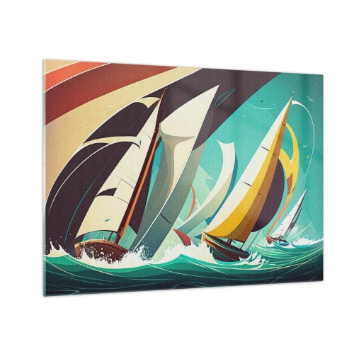 Obraz na szkle - Ilustracja żaglówek na wzburzonym morzu w stylu retro - 70x50cm - Z żywiołami za pan brat - Nowoczesna dekoracja ścienna do salonu i sypialni ARTTOR