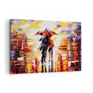 Obraz na płótnie - Abstrakcyjna scena spaceru pod parasolem w deszczową noc - 100x70cm - Razem przez noc i deszcz - Nowoczesna dekoracja ścienna do salonu, kuchni i sypialni ARTTOR