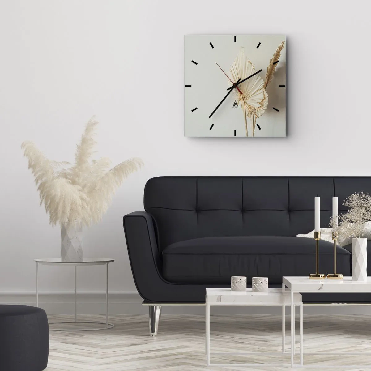 Zegar ścienny - Suszone liście palmowe w minimalistycznej aranżacji - 30x30cm - Gdy potrzebne ukojenie - Nowoczesna dekoracja ścienna do salonu i sypialni ARTTOR