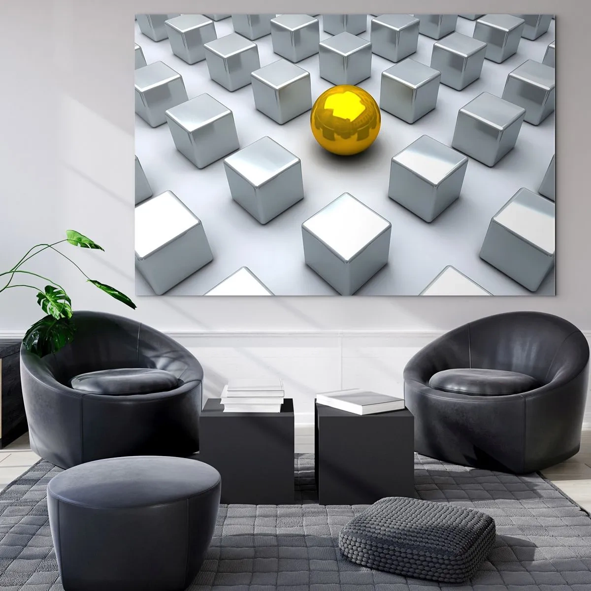 Obraz na szkle - Złota kula otoczona srebrnymi sześcianami - 70x50cm - Dlaczego ja? Kompozycja geometryczna - Nowoczesna dekoracja ścienna do salonu i sypialni ARTTOR