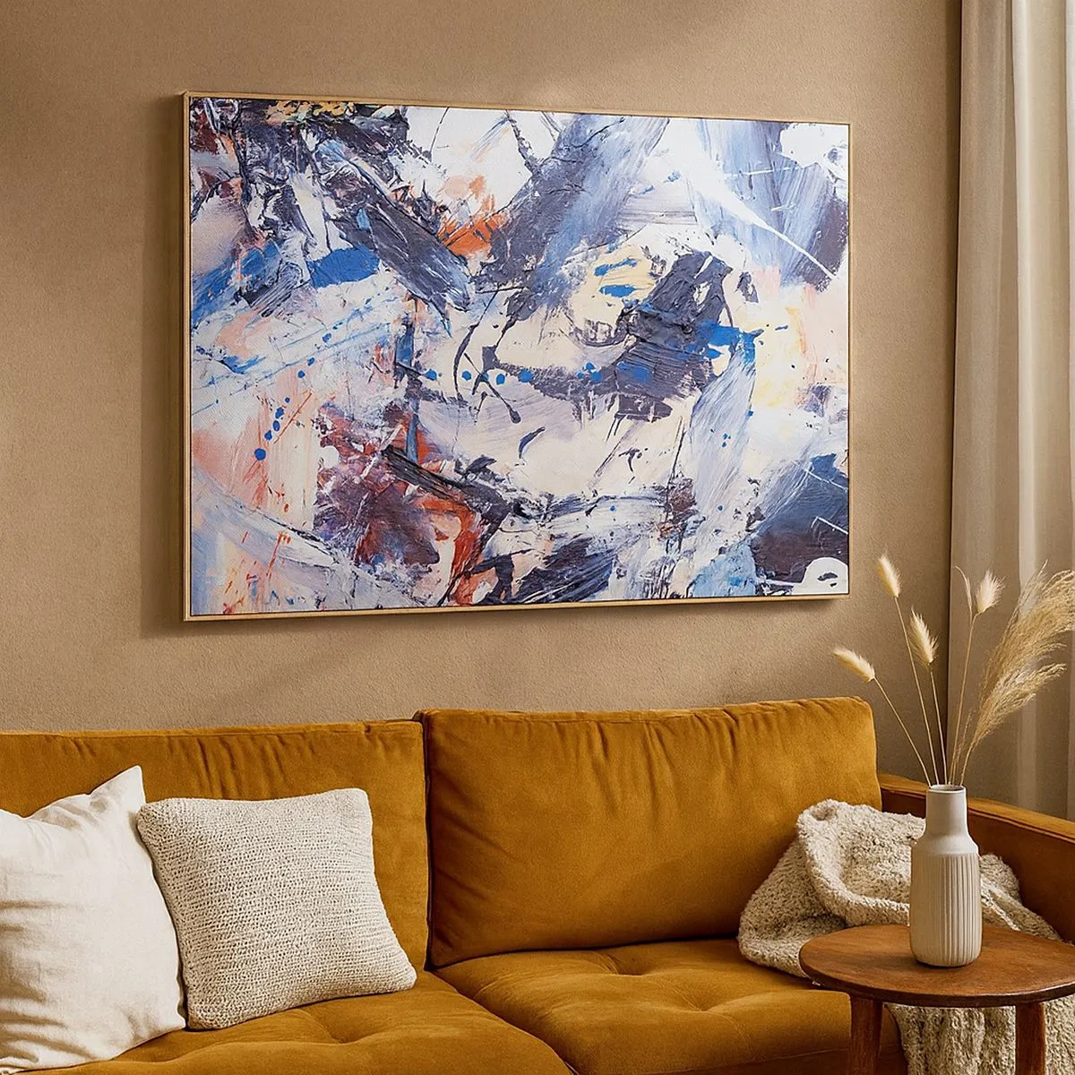 Obraz na płótnie - Abstrakcja z dynamicznymi pociągnięciami pędzla w kolorach błękitu i czerwieni - 70x50cm - Szalony taniec abstrakcji - Nowoczesna dekoracja ścienna do salonu i sypialni ARTTOR