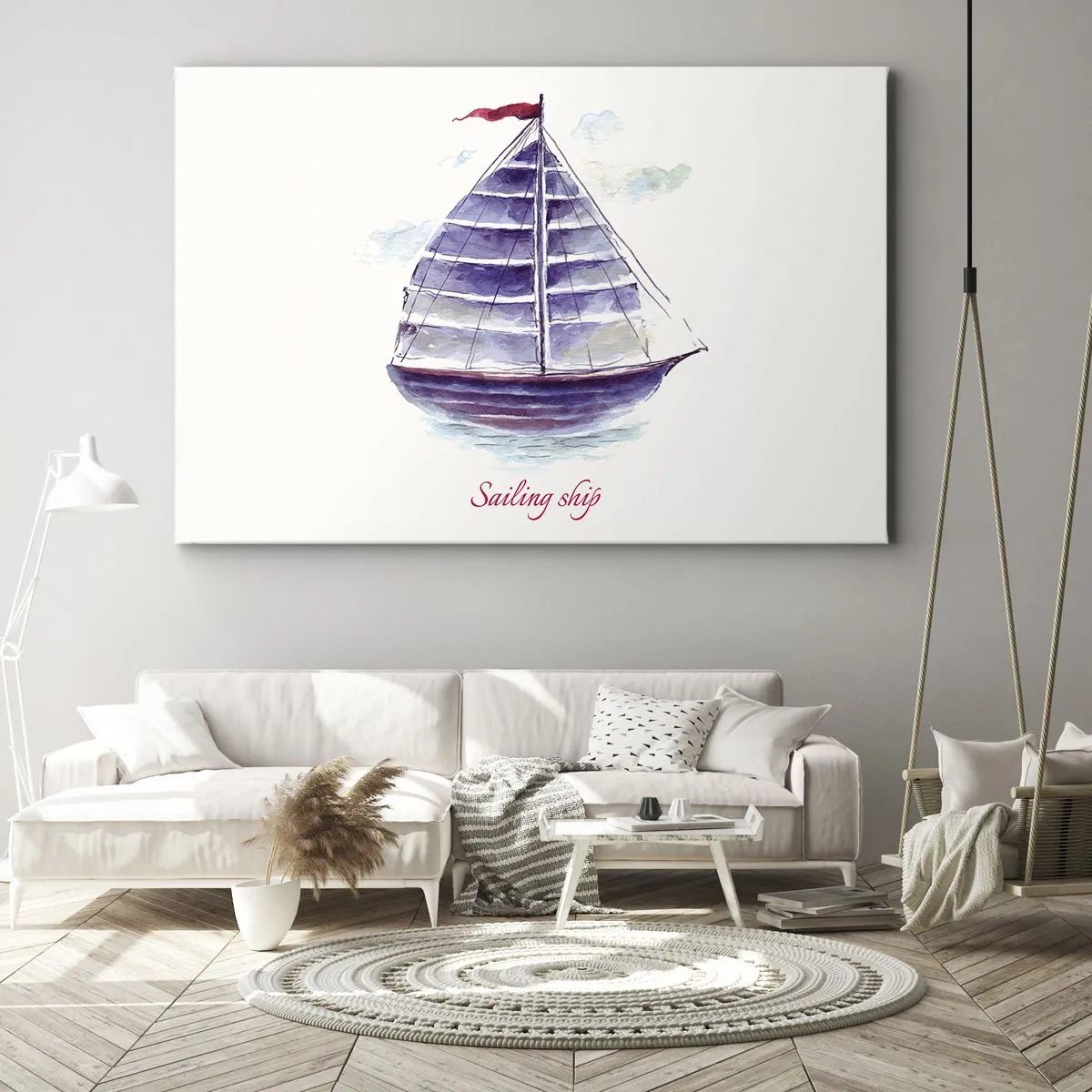Obraz na płótnie - Akwarelowy obraz żaglówki na wodzie z delikatnym napisem - 70x50cm - Pełnych żagli i spokojnej wody - Nowoczesna dekoracja ścienna do salonu i sypialni ARTTOR