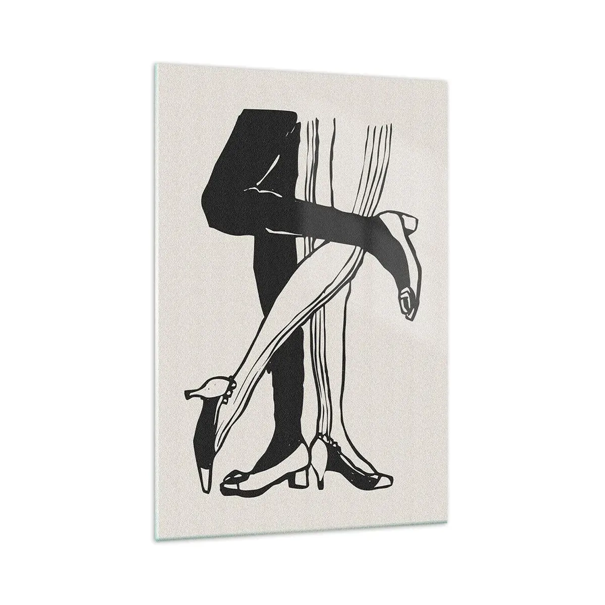 Obraz na szkle - Minimalistyczna czarno-biała ilustracja splecionych nóg tańczącej pary - 70x100cm - Kobiecy atrybut - Nowoczesna dekoracja ścienna do salonu i sypialni ARTTOR
