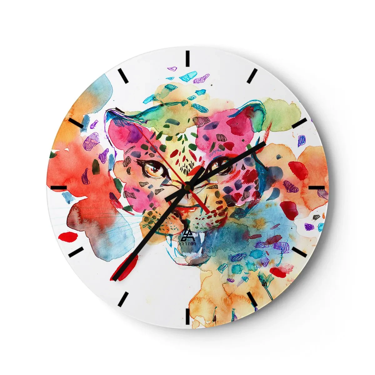 Zegar ścienny - Kolorowy portret pantery w abstrakcyjnej akwarelowej formie - 30x30cm - Piękna i bestia - Nowoczesna dekoracja ścienna do salonu, kuchni i sypialni ARTTOR