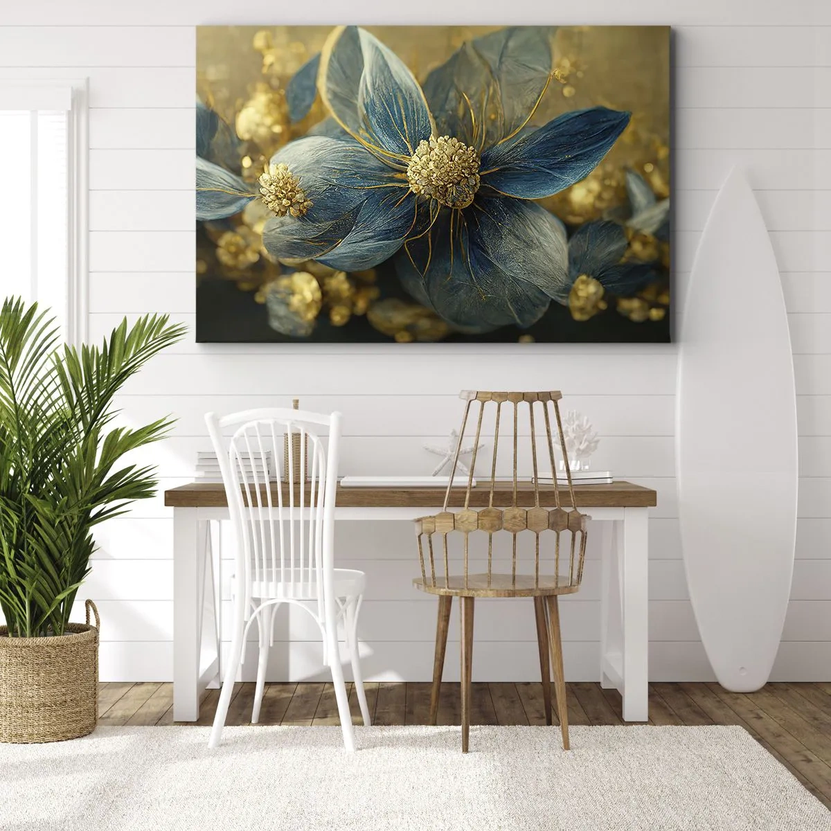 Obraz na płótnie - Eleganckie kwiaty w odcieniach niebieskiego i złota - 70x50cm - Zakwitnąć złotem - Nowoczesna dekoracja ścienna do salonu i sypialni ARTTOR