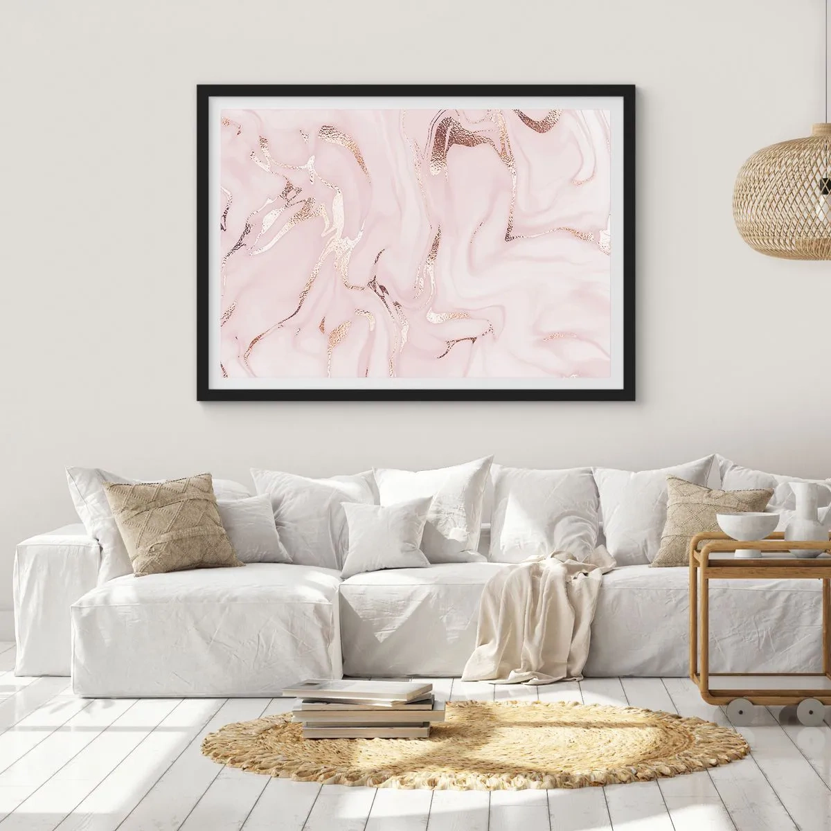 Plakat w czarnej ramie - Elegancka abstrakcja w odcieniach różu i złota - 70x50cm - W różowym szale - Nowoczesna dekoracja ścienna do salonu i sypialni ARTTOR