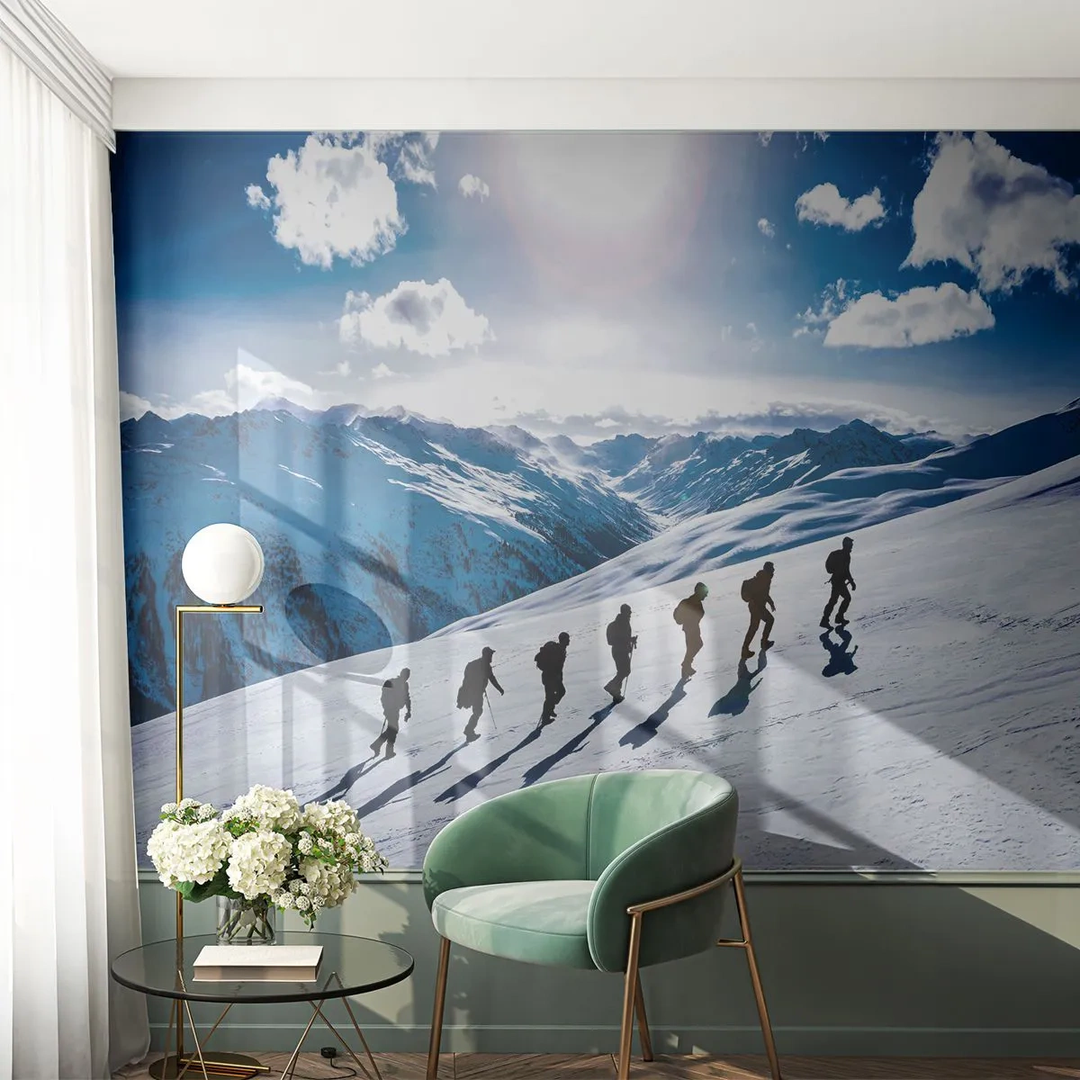 Fototapeta Premium Sand - Grupa wspinaczy na ośnieżonym górskim szlaku - 100x70cm - Drużyna zdobywców - Nowoczesna dekoracja ścienna do salonu, kuchni i sypialni ARTTOR