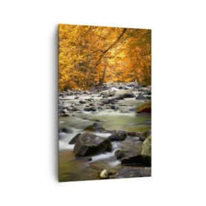 Obraz na płótnie - Strumień w jesiennym lesie otoczony złotymi liśćmi - 80x120cm - Potok w złotym lesie - Nowoczesna dekoracja ścienna do salonu i sypialni ARTTOR