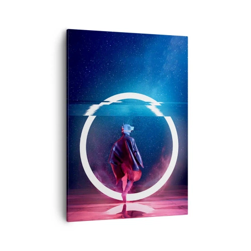 Obraz na płótnie - Futurystyczna postać w okularach VR na tle świetlistego okręgu i nocnego nieba - 50x70cm - Między światami - Nowoczesna dekoracja ścienna do salonu, kuchni i sypialni ARTTOR