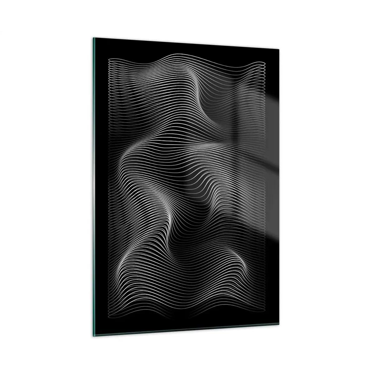 Obraz na szkle - Hipnotyzujące białe linie falujące na czarnym tle - 50x70cm - Taniec światła w przestrzeni - Nowoczesna dekoracja ścienna do salonu, kuchni i sypialni ARTTOR