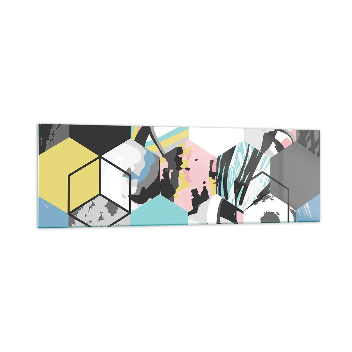 Obraz na szkle - Geometryczny wzór heksagonów z kolorowymi abstrakcyjnymi detalami - 160x50cm - Sześciokąty i sześciany w sześciu barwach - Nowoczesna dekoracja ścienna do salonu i sypialni ARTTOR