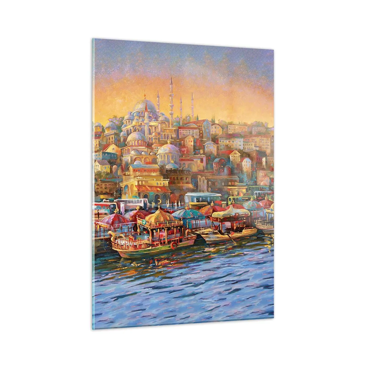 Obraz na szkle - Kolorowy port z łodziami i panoramą miasta o zachodzie słońca - 50x70cm - Stambulska opowieść - Nowoczesna dekoracja ścienna do salonu, kuchni i sypialni ARTTOR