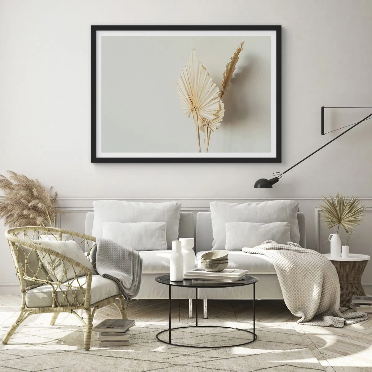 Plakat w czarnej ramie - Suszone liście palmowe w minimalistycznej aranżacji - 70x50cm - Gdy potrzebne ukojenie - Nowoczesna dekoracja ścienna do salonu i sypialni ARTTOR