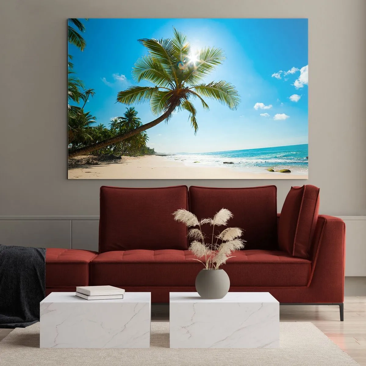 Obraz na szkle - Tropikalna plaża z palmami i błękitnym niebem - 70x50cm - Nie pokazywać nikomu - Nowoczesna dekoracja ścienna do salonu i sypialni ARTTOR