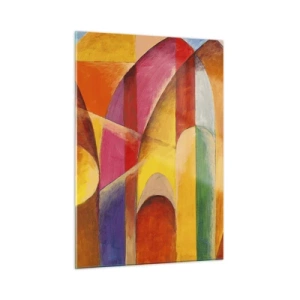 Obraz na szkle - Kolorowa abstrakcja z geometrycznymi kształtami - 50x70cm - Katedra słońca - Nowoczesna dekoracja ścienna do salonu, kuchni i sypialni ARTTOR