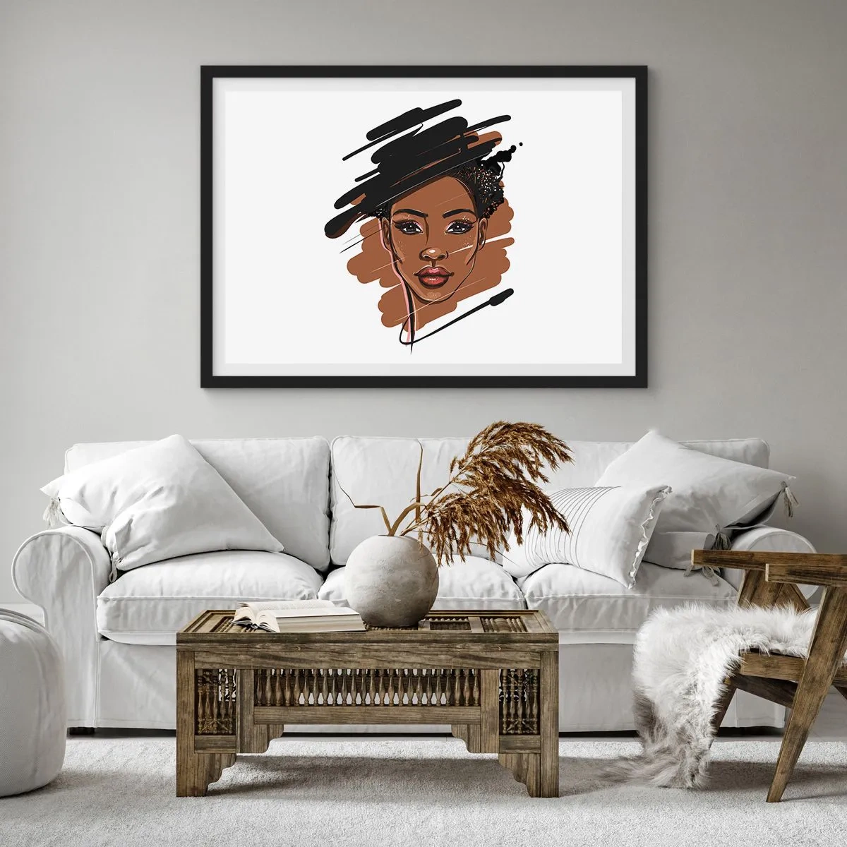 Plakat w czarnej ramie - Portret kobiety z artystycznymi pociągnięciami farby - 70x50cm - Słodka jak czekolada - Nowoczesna dekoracja ścienna do salonu i sypialni ARTTOR