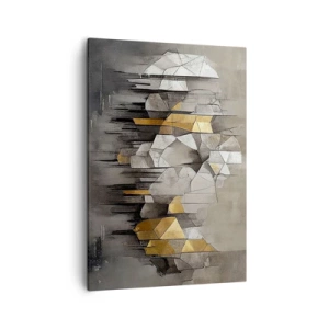 Obraz na płótnie - Geometryczna abstrakcja w odcieniach szarości, bieli i złota z efektem przenikania struktur - 50x70cm - Kompozycja z lodu i światła - Nowoczesna dekoracja ścienna do salonu, kuchni i sypialni ARTTOR