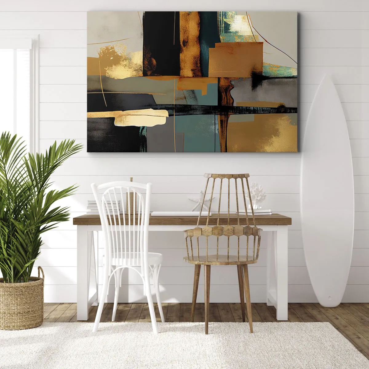 Obraz na płótnie - Abstrakcyjna kompozycja z elementami złota i turkusu - 70x50cm - Abstrakcja – światło i cień - Nowoczesna dekoracja ścienna do salonu i sypialni ARTTOR