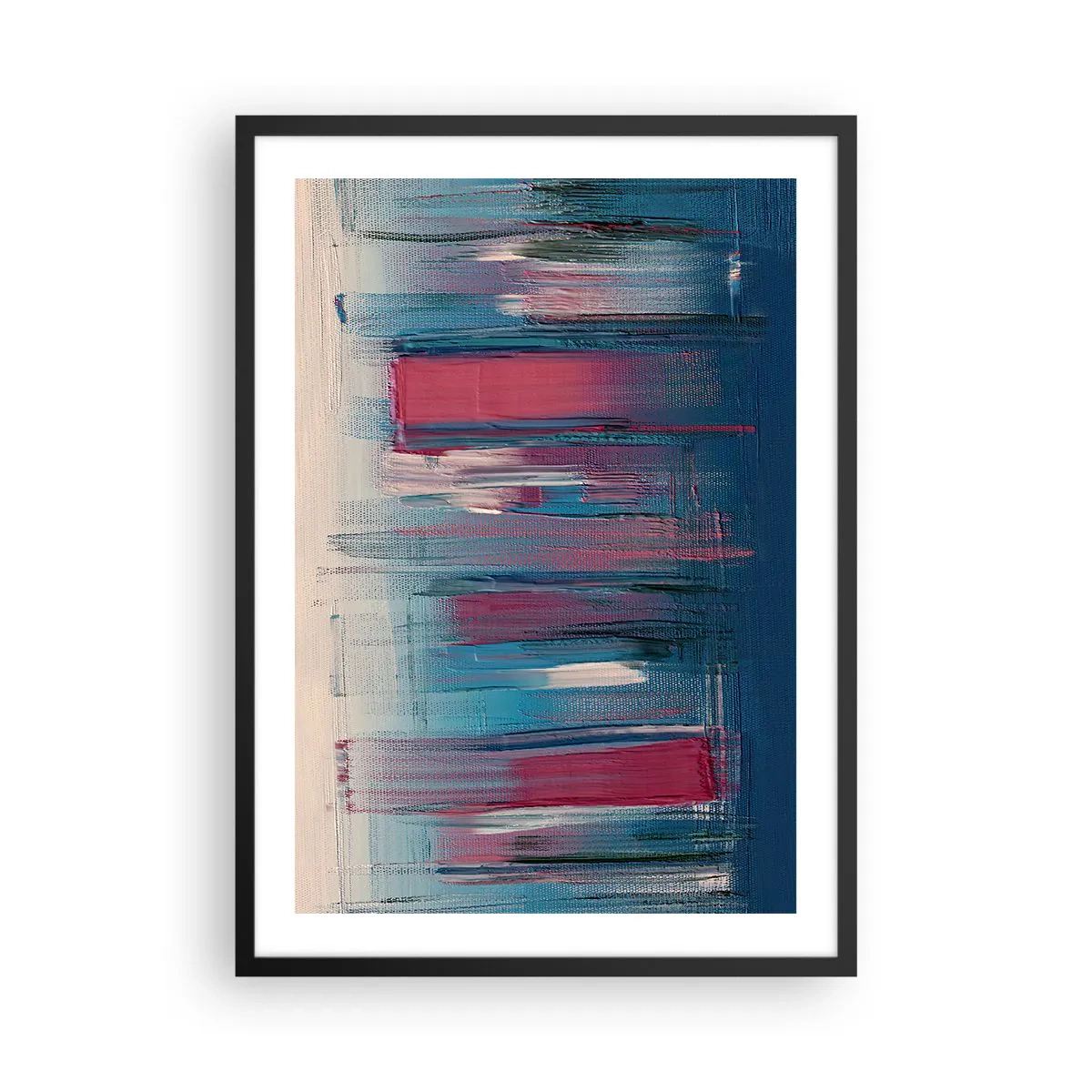 Plakat w czarnej ramie - Abstrakcyjna kompozycja w odcieniach niebieskiego i czerwieni - 50x70cm - Kompozycja wertykalna w błękicie i czerwieni - Nowoczesna dekoracja ścienna do salonu i sypialni ARTTOR
