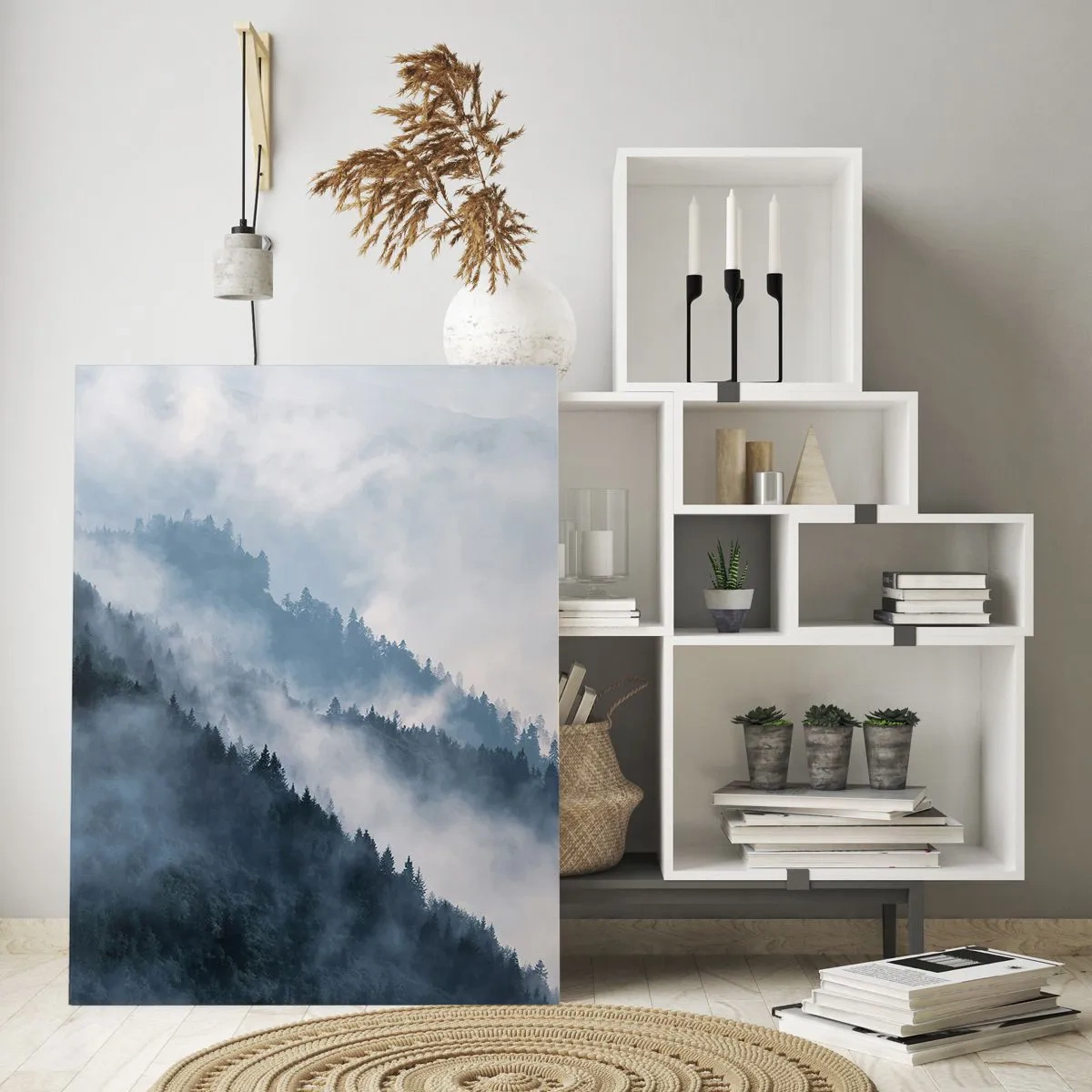 Obraz na szkle - Mgła unosząca się nad zalesionymi zboczami gór w tajemniczym krajobrazie - 80x120cm - Mistyka gór - Nowoczesna dekoracja ścienna do salonu i sypialni ARTTOR