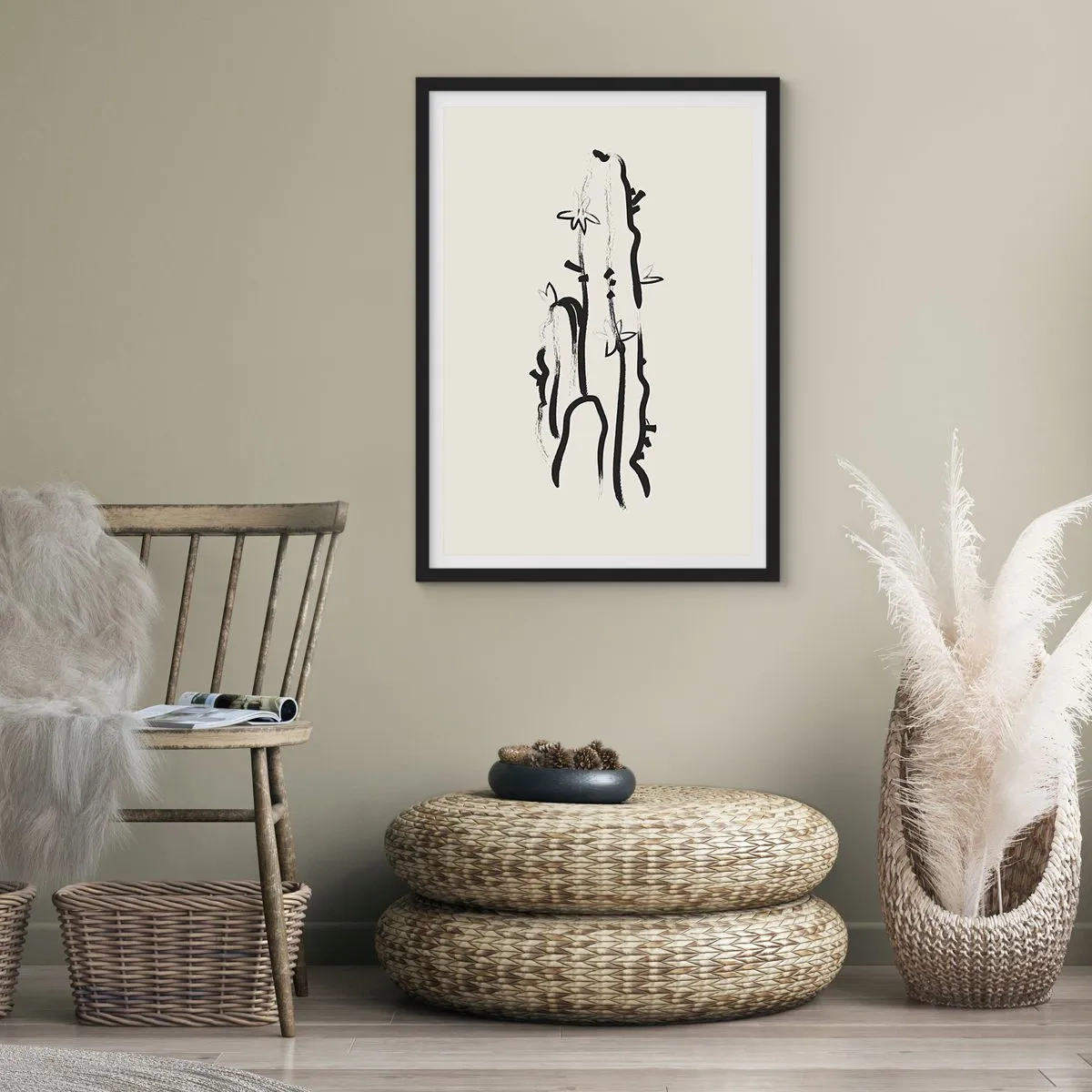 Plakat w czarnej ramie - Minimalistyczny rysunek kaktusa - 50x70cm - Kwitnące zioło - Nowoczesna dekoracja ścienna do salonu i sypialni ARTTOR