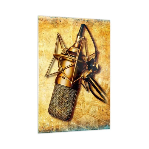 Obraz na szkle - Złoty mikrofon studyjny na tle vintage w ciepłych odcieniach - 80x120cm - Złote lata radia - Nowoczesna dekoracja ścienna do salonu i sypialni ARTTOR
