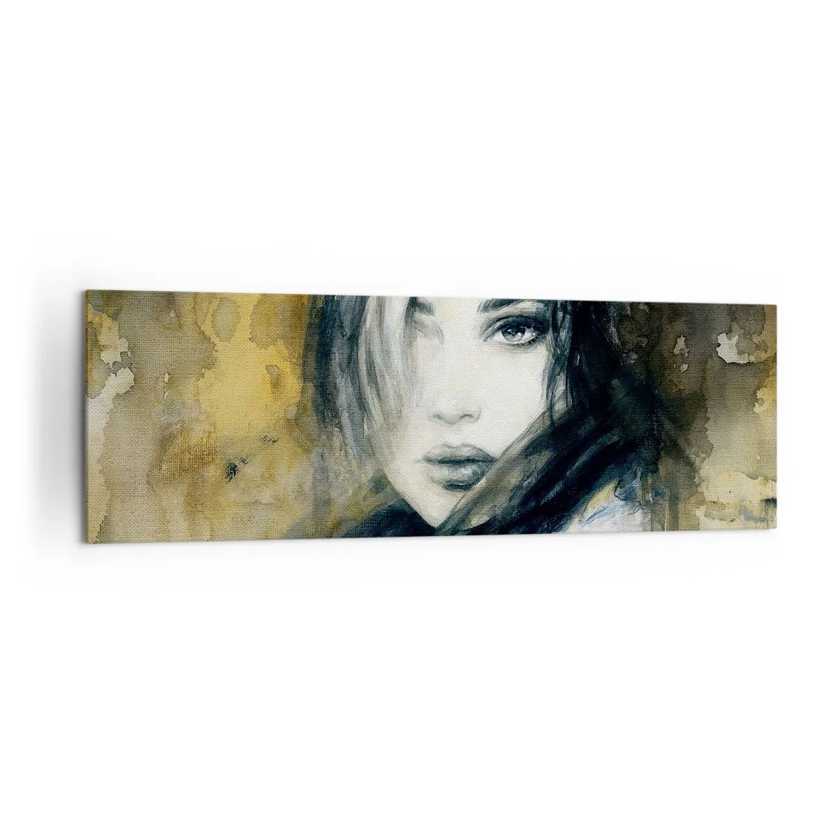 Obraz na płótnie - Portret kobiety na tle abstrakcyjnych plam w odcieniach beżu - 160x50cm - bardziej niewinna czy zmysłowa? - Nowoczesna dekoracja ścienna do salonu i sypialni ARTTOR