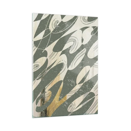 Obraz na szkle - Zielono-beżowa kompozycja z dynamicznymi formami organicznymi - 50x70cm - Abstrakcja zrytmizowana - Nowoczesna dekoracja ścienna do salonu, kuchni i sypialni ARTTOR
