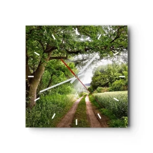 Zegar ścienny - Polna droga wśród zielonych drzew i promieni słońca - 30x30cm - Et in Arcadia ego - Nowoczesna dekoracja ścienna do salonu i sypialni ARTTOR