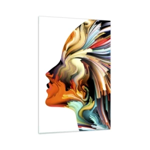 Obraz na szkle - Abstrakcyjny profil twarzy z kolorowymi dynamicznymi liniami - 70x100cm - Eksplozja wyobraźni - Nowoczesna dekoracja ścienna do salonu i sypialni ARTTOR