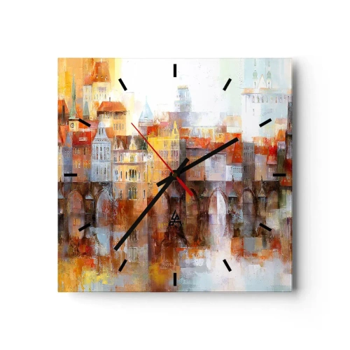 Zegar ścienny - Malownicza panorama miasta z mostem w jesiennych barwach - 30x30cm - Pod mostem też pięknie - Nowoczesna dekoracja ścienna do salonu i sypialni ARTTOR