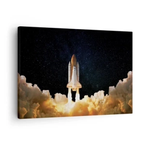 Obraz na płótnie - Startująca rakieta kosmiczna na tle gwiaździstego nieba - 70x50cm - Ad astra! - Nowoczesna dekoracja ścienna do salonu i sypialni ARTTOR