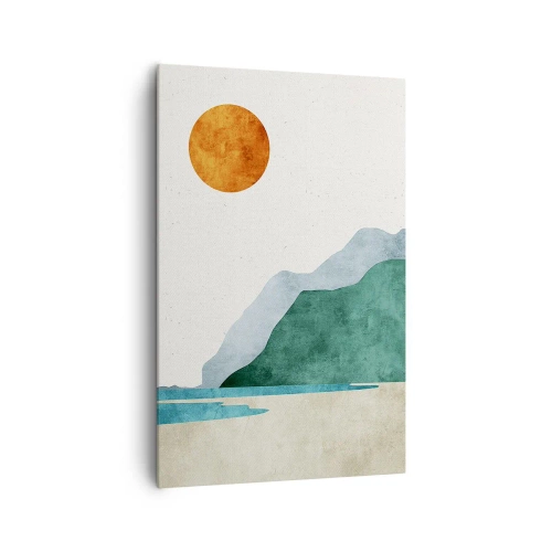 Obraz na płótnie - Minimalistyczny krajobraz górski z plażą i słońcem - 80x120cm - Pejzaż jak należy - Nowoczesna dekoracja ścienna do salonu i sypialni ARTTOR