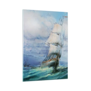 Obraz na szkle - Statek z żaglami płynący po wzburzonym morzu pod pochmurnym niebem - 50x70cm - Pomyślnych wiatrów - Nowoczesna dekoracja ścienna do salonu, kuchni i sypialni ARTTOR