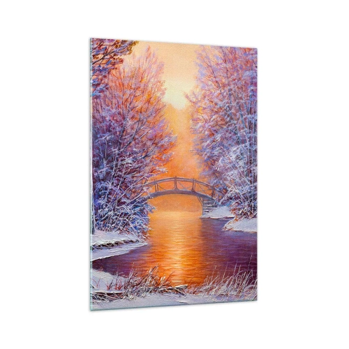Obraz na szkle - Zimowy krajobraz z mostkiem i zachodem słońca - 70x100cm - Spotkajmy się tu - Nowoczesna dekoracja ścienna do salonu i sypialni ARTTOR