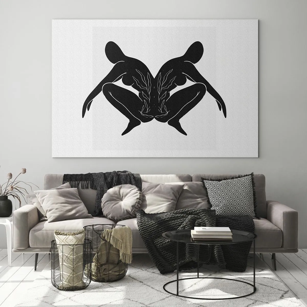 Obraz na szkle - Czarne postacie tworzące symetryczne serce na białym tle - 70x50cm - Wspólna dusza - Nowoczesna dekoracja ścienna do salonu i sypialni ARTTOR