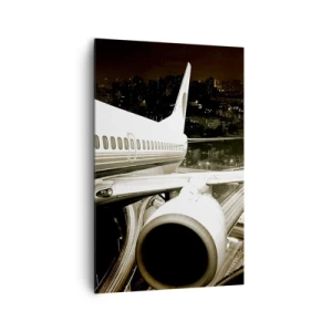 Obraz na płótnie - Samolot nad nocnym miastem z rozświetlonymi autostradami - 80x120cm - Wzlecieć w noc - Nowoczesna dekoracja ścienna do salonu i sypialni ARTTOR