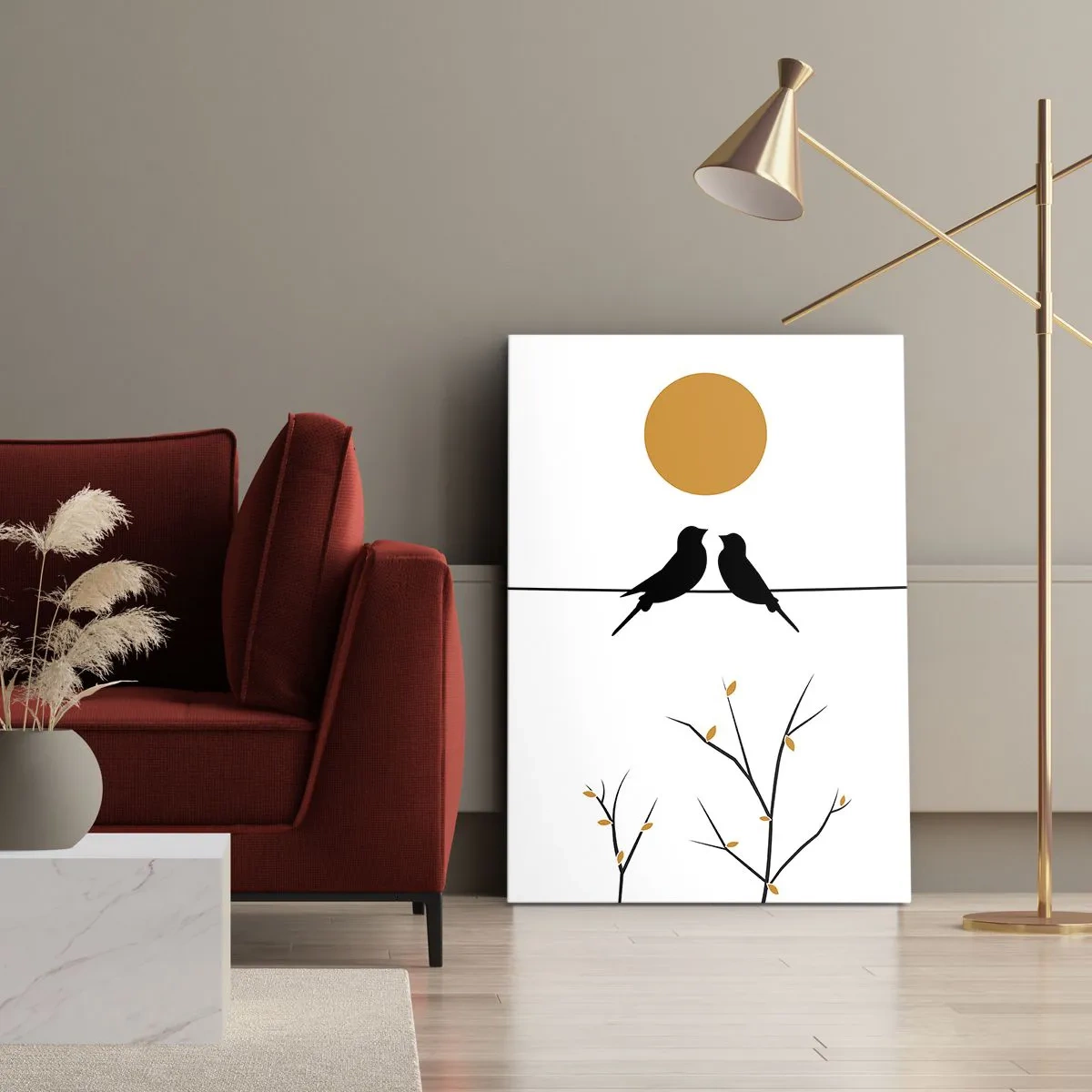 Obraz na płótnie - Dwa czarne ptaki na drucie z żółtym słońcem i gałązkami na białym tle - 50x70cm - Słowiczy wieczór - Nowoczesna dekoracja ścienna do salonu, kuchni i sypialni ARTTOR