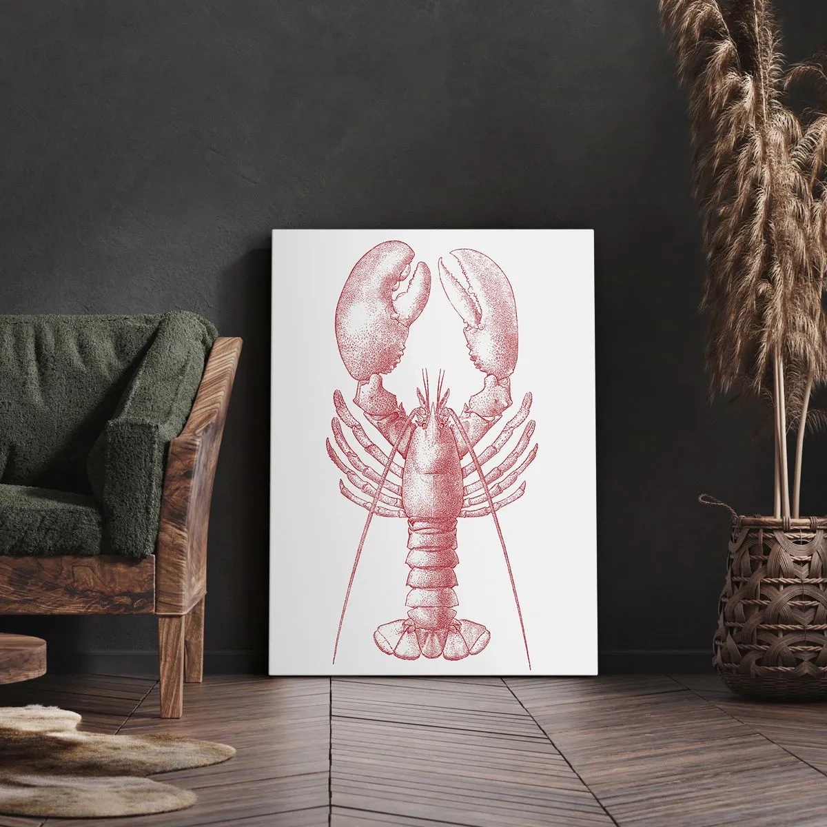 Obraz na płótnie - Precyzyjna grafika homara w czerwonym odcieniu na białym tle - 50x70cm - Homar godny Homera - Nowoczesna dekoracja ścienna do salonu, kuchni i sypialni ARTTOR