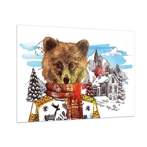 Obraz na szkle - Niedźwiedź w swetrze i szaliku na tle gór i domku - 100x70cm - Chatka niedźwiadka - Nowoczesna dekoracja ścienna do salonu, kuchni i sypialni ARTTOR