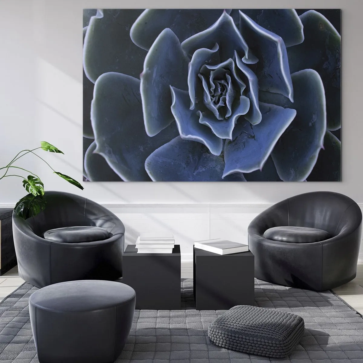 Obraz na szkle - Makrofotografia sukulenta w odcieniach chłodnego błękitu - 70x50cm - Kwiat pustyni - Nowoczesna dekoracja ścienna do salonu i sypialni ARTTOR