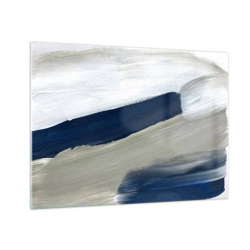 Obraz na szkle - Minimalistyczna abstrakcja z dynamicznymi pociągnięciami bieli, granatu i szarości - 70x50cm - Spotkanie z bielą - Nowoczesna dekoracja ścienna do salonu i sypialni ARTTOR