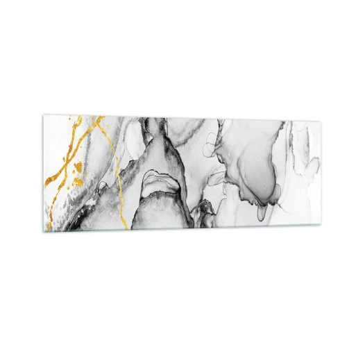 Obraz na szkle - Abstrakcyjne czarno-białe wzory z dodatkiem złotych akcentów - 140x50cm - Kompozycja z motywem złota - Nowoczesna dekoracja ścienna do salonu i sypialni ARTTOR